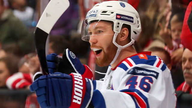 MOSCOW, RUSSIA MARCH 2, 2019: HC SKA St Petersburg's Vladislav Gavrikov celebrates scoring in Leg 3 of their 2018/19 KHL Western Conference quarterfinal playoff tie against HC Spartak Moscow, at CSKA Arena. Sergei Savostyanov/TASS