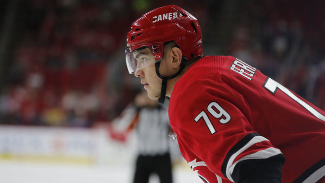 RALEIGH, NC - MARCH 28: Carolina Hurricanes left wing Micheal Ferland (79) during the 1st period of the Carolina Hurricanes game versus the Washington Capitals on March 28th, 2019 at PNC Arena in Raleigh, NC.
