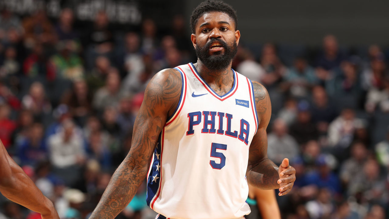 CHARLOTTE, NC - MARCH 19: Amir Johnson #5 of the Philadelphia 76ers looks on during the game against the Charlotte Hornets on March 19, 2019 at Spectrum Center in Charlotte, North Carolina. Mandatory Copyright Notice: Copyright 2019 NBAE