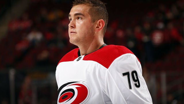 NEWARK, NJ - FEBRUARY 10: Micheal Ferland #79 of the Carolina Hurricanes against the New Jersey Devils at the Prudential Center on February 10, 2019 in Newark, New Jersey.