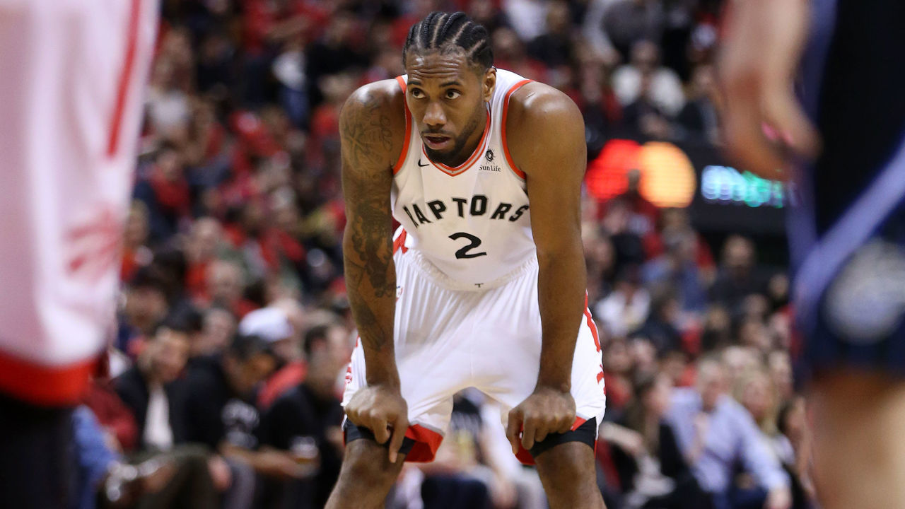 TORONTO, CANADA - APRIL 13: Kawhi Leonard #2 of the Toronto Raptors looks on during Game One of Round One of the 2019 NBA Playoffs on April 13, 2019 at the Scotiabank Arena in Toronto, Ontario, Canada. Mandatory Copyright Notice: Copyright 2019 NBAE