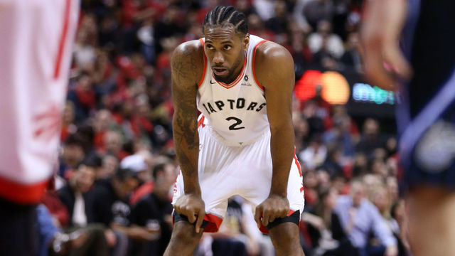 TORONTO, CANADA - APRIL 13: Kawhi Leonard #2 of the Toronto Raptors looks on during Game One of Round One of the 2019 NBA Playoffs on April 13, 2019 at the Scotiabank Arena in Toronto, Ontario, Canada. Mandatory Copyright Notice: Copyright 2019 NBAE