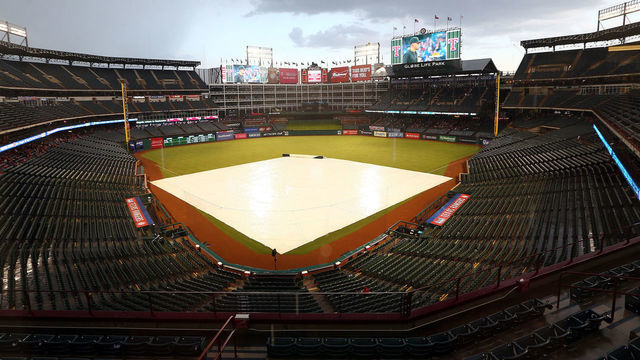 ARLINGTON, TX - AUGUST 18: A view of the field during a rain delay prior to the game between the Los Angeles Angels of Anaheim and the Texas Rangers at Globe Life Park in Arlington on August 18, 2018 in Arlington, Texas.