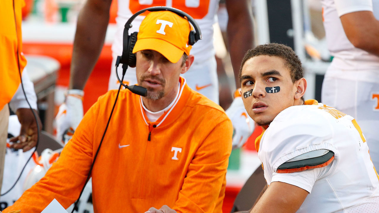 NASHVILLE, TN - NOVEMBER 24: Quarterback Jarrett Guarantano #2 of the Tennessee Volunteers watches from the sideline during a 38-13 loss to Vanderbilt at Vanderbilt Stadium on November 24, 2018 in Nashville, Tennessee.