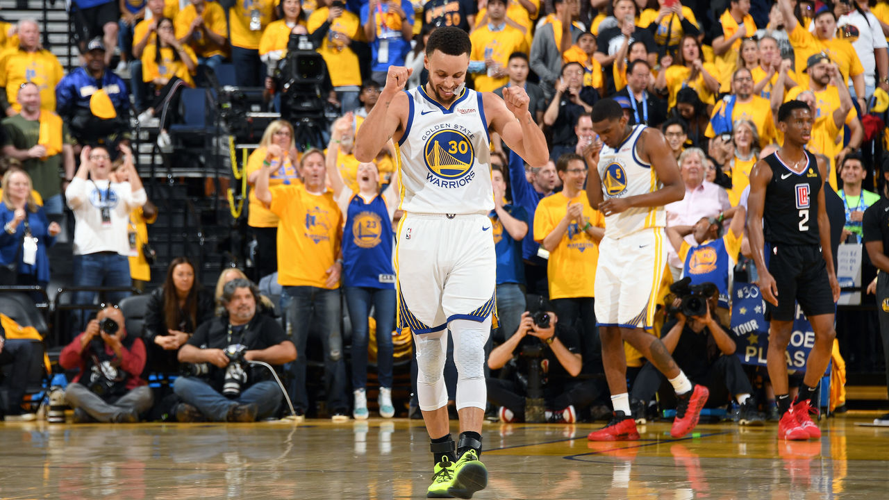 OAKLAND, CA - APRIL 13: Stephen Curry #30 of the Golden State Warriors reacts to a play during Game One of Round One of the 2019 NBA Playoffs against the LA Clippers on April 13, 2019 at ORACLE Arena in Oakland, California. NOTE TO USER: User expressly acknowledges and agrees that, by downloading and/or using this photograph, user is consenting to the terms and conditions of Getty Images License Agreement. Mandatory Copyright Notice: Copyright 2019 NBAE