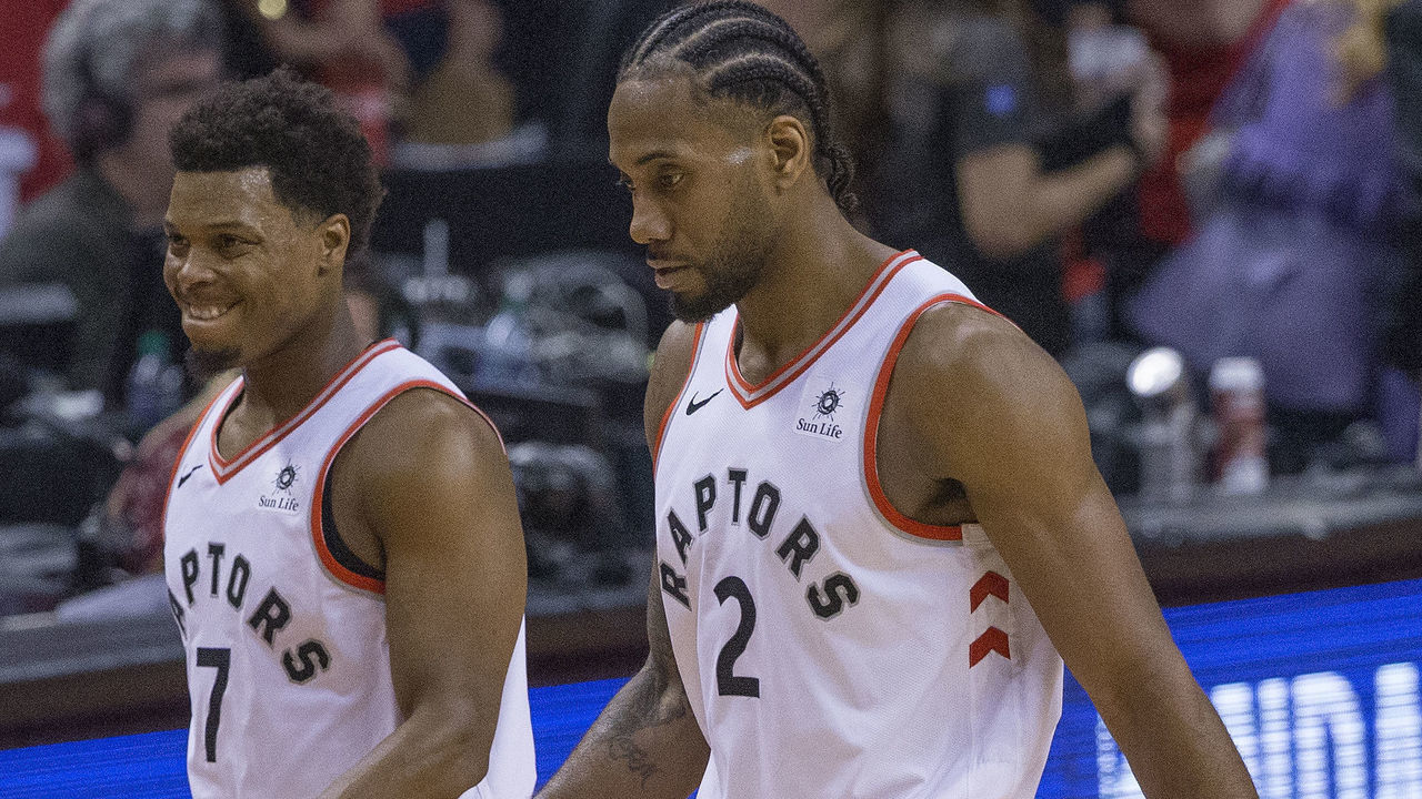 TORONTO, ON - APRIL 13: Toronto Raptors guard Kyle Lowry (7) and Toronto Raptors forward Kawhi Leonard (2) walk off the court with .5 seconds left and 3 points down. Toronto Raptors vs Orlando Magic in 2nd half action of Round 1, Game 1 of NBA playoff play at Scotiabank Arena. Magic won 104-101. Toronto Star/Rick Madonik (Rick Madonik/Toronto Star via Getty Images)