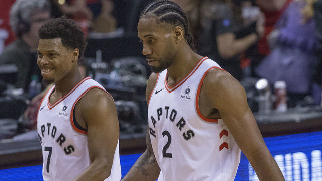 TORONTO, ON - APRIL 13: Toronto Raptors guard Kyle Lowry (7) and Toronto Raptors forward Kawhi Leonard (2) walk off the court with .5 seconds left and 3 points down. Toronto Raptors vs Orlando Magic in 2nd half action of Round 1, Game 1 of NBA playoff play at Scotiabank Arena. Magic won 104-101. Toronto Star/Rick Madonik (Rick Madonik/Toronto Star via Getty Images)
