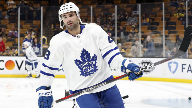 BOSTON, MA - APRIL 11: Toronto Maple Leafs center Nazem Kadri (43) before Game 1 of the First Round between the Boston Bruins and the Toronto Maple Leafs on April 11, 2019, at TD Garden in Boston, Massachusetts.