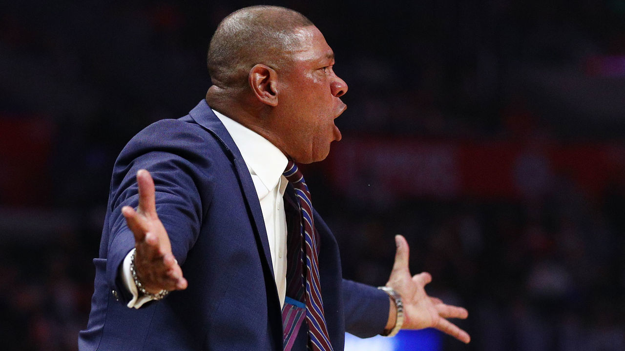 LOS ANGELES, CALIFORNIA - APRIL 03: Doc Rivers of the Los Angeles Clippers reacts during the first half against the Houston Rockets at Staples Center on April 03, 2019 in Los Angeles, California.