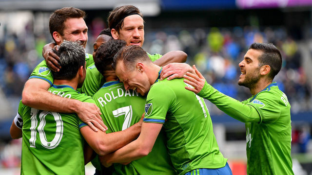 SEATTLE, WASHINGTON - APRIL 13: The Seattle Sounders celebrate after scoring during the match against the Toronto FC at CenturyLink Field on April 13, 2019 in Seattle, Washington. The Seattle Sounders beat the Toronto FC 3-2.