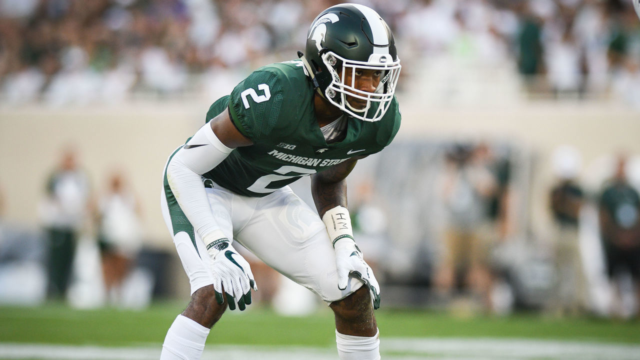 EAST LANSING, MI - AUGUST 31: Michigan State Spartans cornerback Justin Layne (2) lines up for the snap during a non-conference college football game between Michigan State and Utah State on August 31, 2018, at Spartan Stadium in East Lansing, MI.