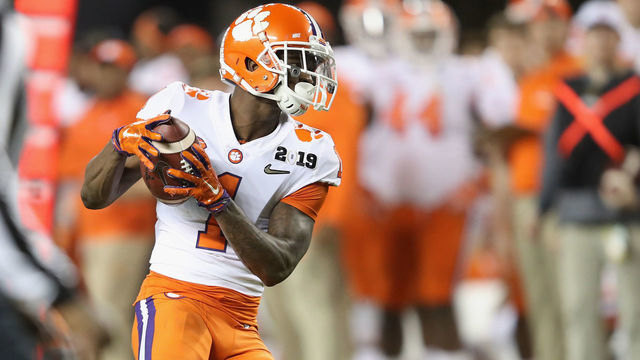 SANTA CLARA, CA - JANUARY 07: Trayvon Mullen #1 of the Clemson Tigers makes a second quarter interception against the Alabama Crimson Tide in the CFP National Championship presented by AT&T at Levi's Stadium on January 7, 2019 in Santa Clara, California.
