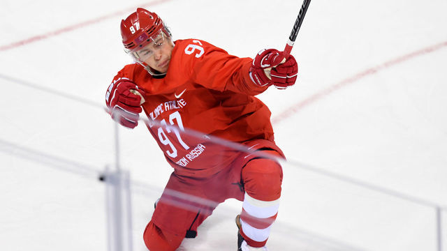 Russia's Nikita Gusev celebrates scoring in the men's gold medal ice hockey match between the Olympic Athletes from Russia and Germany during the Pyeongchang 2018 Winter Olympic Games at the Gangneung Hockey Centre in Gangneung on February 25, 2018. / AFP PHOTO / Kirill KUDRYAVTSEV