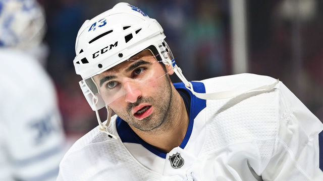 MONTREAL, QC - APRIL 06: Look on Toronto Maple Leafs center Nazem Kadri (43) at warm-up before the Toronto Maple Leafs versus the Montreal Canadiens game on April 06, 2019, at Bell Centre in Montreal, QC