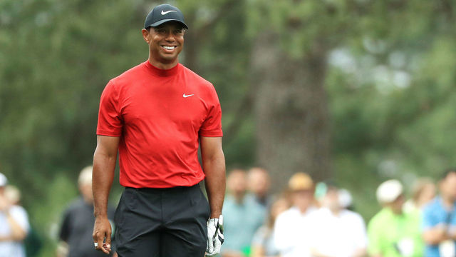 AUGUSTA, GEORGIA - APRIL 14: Tiger Woods of the United States smiles on the ninth hole during the final round of the Masters at Augusta National Golf Club on April 14, 2019 in Augusta, Georgia.
