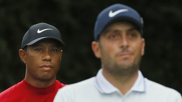 AUGUSTA, GEORGIA - APRIL 14: Tiger Woods of the United States and Francesco Molinari of Italy stand on the second tee during the final round of the Masters at Augusta National Golf Club on April 14, 2019 in Augusta, Georgia.