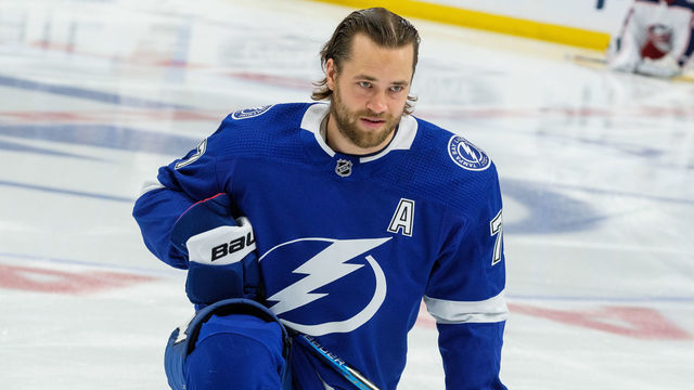 TAMPA, FL - APRIL 12: Victor Hedman #77 of the Tampa Bay Lightning stretches during pregame warm ups against the Columbus Blue Jackets before Game Two of the Eastern Conference First Round during the 2019 NHL Stanley Cup Playoffs at at Amalie Arena on April 12, 2019 in Tampa, Florida.