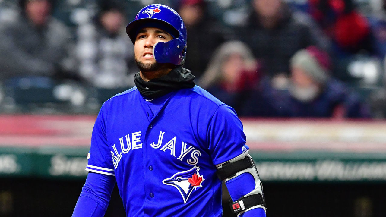 CLEVELAND, OHIO - APRIL 04: Lourdes Gurriel Jr. #13 of the Toronto Blue Jays reacts after striking out during the seventh inning against the Cleveland Indians at Progressive Field on April 04, 2019 in Cleveland, Ohio.