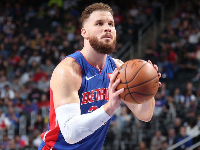DETROIT, MI - APRIL 7 : Blake Griffin #23 of the Detroit Pistons shoots a free throw during the game against the Charlotte Hornets on April 7, 2019 at Little Caesars Arena in Detroit, Michigan. NOTE TO USER: User expressly acknowledges and agrees that, by downloading and/or using this photograph, User is consenting to the terms and conditions of the Getty Images License Agreement. Mandatory Copyright Notice: Copyright 2019 NBAE