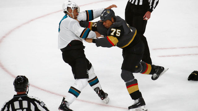 LAS VEGAS, NV - APRIL 14: Ryan Reaves (75) of the Vegas Golden Knights fights Evander Kane (9) of the San Jose Sharks during a Stanley Cup Playoffs first round game between the San Jose Sharks and the Vegas Golden Knights on April 14, 2019 at T-Mobile Arena in Las Vegas, Nevada.