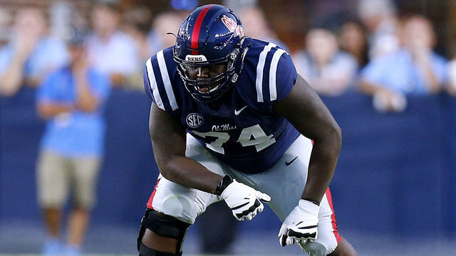 OXFORD, MS - SEPTEMBER 15: Greg Little #74 of the Mississippi Rebels guards during a game against the Alabama Crimson Tide at Vaught-Hemingway Stadium on September 15, 2018 in Oxford, Mississippi.