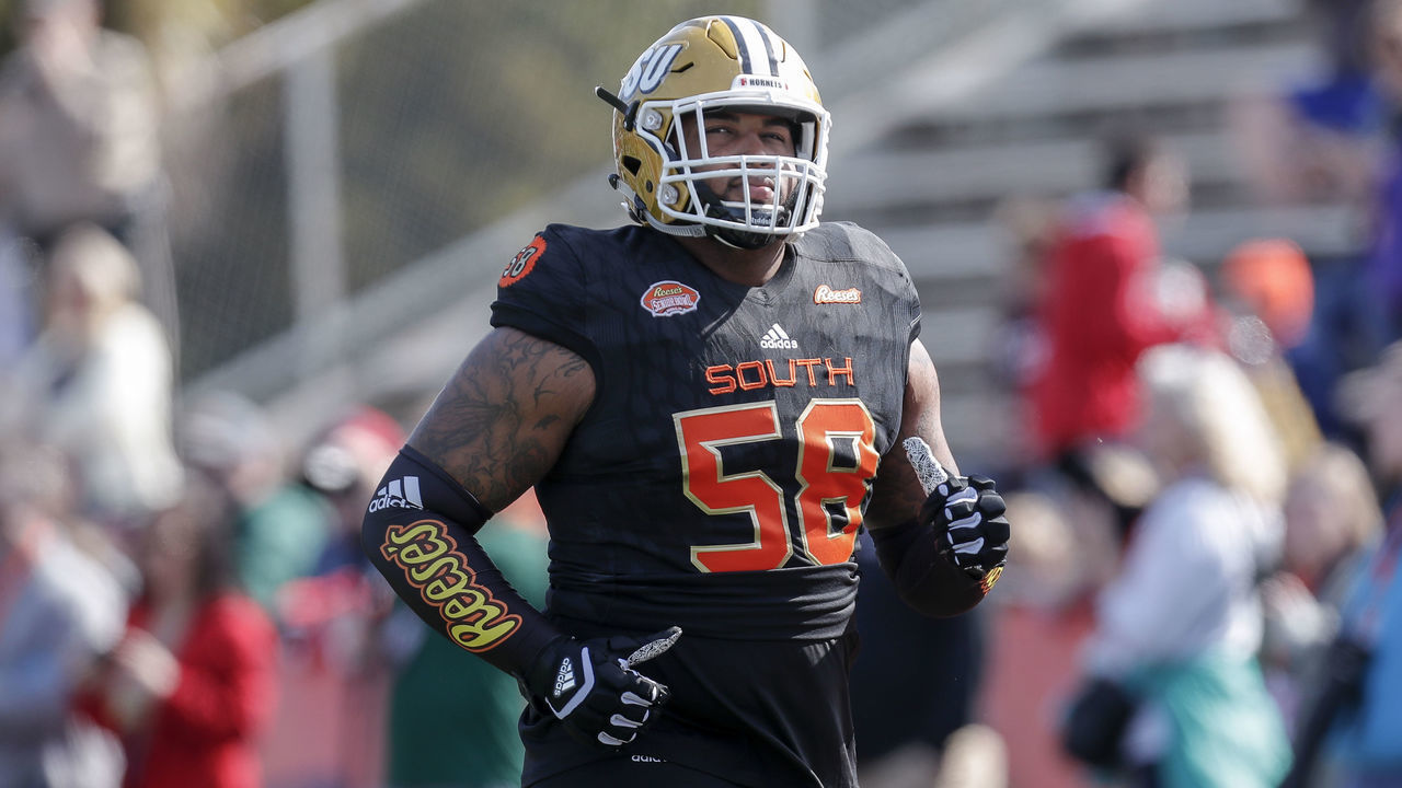 MOBILE, AL - JANUARY 26: Tackle Tytus Howard #58 of Alabama State of the South Team during the 2019 Resse's Senior Bowl at Ladd-Peebles Stadium on January 26, 2019 in Mobile, Alabama. The North defeated the South 34 to 24.