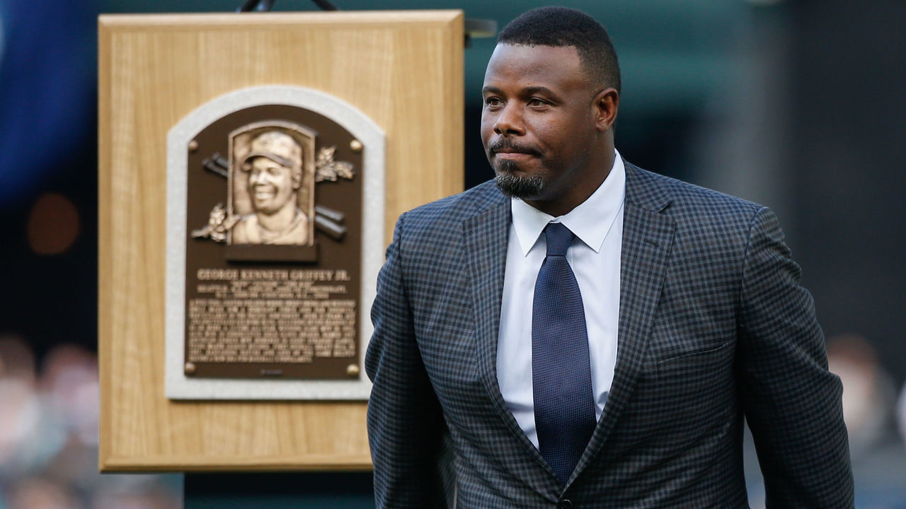 SEATTLE, WA - AUGUST 06: Ken Griffey Jr. stands next to his Hall of Fame plaque during ceremonies retiring his jersey prior to the game between the Seattle Mariners and the Los Angeles Angels of Anaheim at Safeco Field on August 6, 2016 in Seattle, Washington.