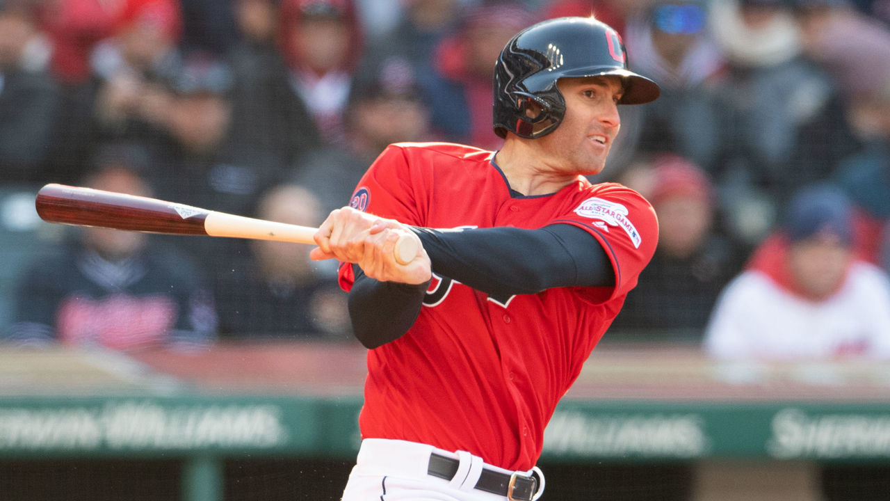 CLEVELAND, OH - APRIL 01: Brad Miller #17 of the Cleveland Indians grounds out during the fourth inning against the Chicago White Sox at Progressive Field during the Indians Home Opener on April 1, 2019 in Cleveland, Ohio.