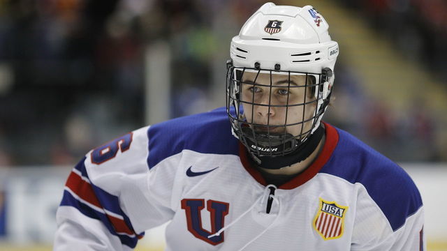 VICTORIA , BC - JANUARY 2: Jack Hughes #6 of the United States skates during a quarter-final game versus the Czech Republic at the IIHF World Junior Championships at the Save-on-Foods Memorial Centre on January 2, 2019 in Victoria, British Columbia, Canada.