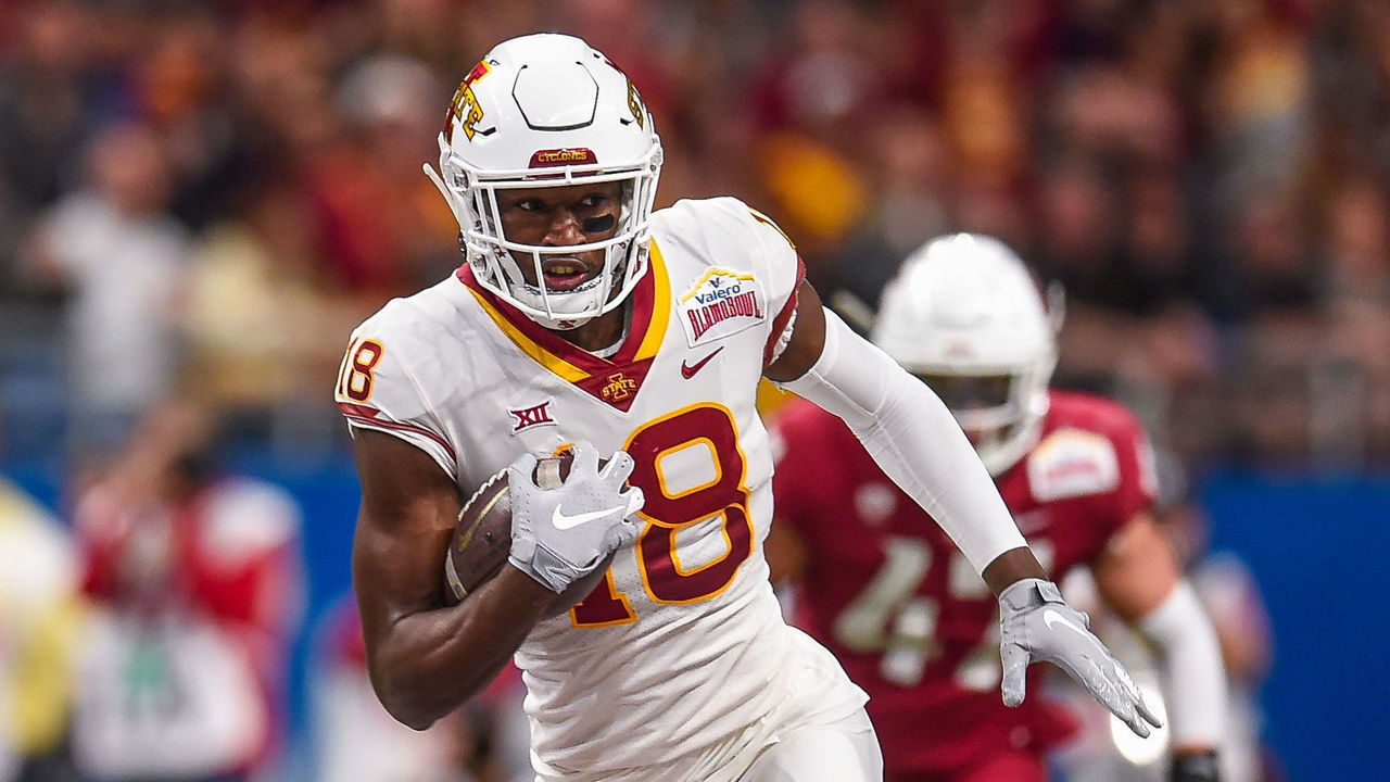 SAN ANTONIO, TX - DECEMBER 28: Iowa State Cyclones wide receiver Hakeem Butler (18) runs the ball during the Alamo Bowl between the Washington State Cougars and Iowa State Cyclones on December 28, 2018 at the Alamodome in San Antonio, Texas.