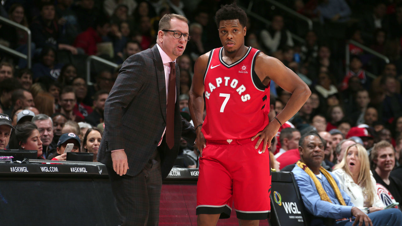 WASHINGTON, DC - JANUARY 13: Head Coach Nick Nurse and Kyle Lowry #7 of the Toronto Raptors talk during the game against the Washington Wizards on January 13, 2019 at Capital One Arena in Washington, DC. NOTE TO USER: User expressly acknowledges and agrees that, by downloading and/or using this photograph, user is consenting to the terms and conditions of the Getty Images License Agreement. Mandatory Copyright Notice: Copyright 2019 NBAE