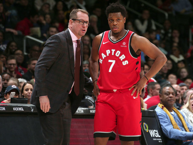 WASHINGTON, DC - JANUARY 13: Head Coach Nick Nurse and Kyle Lowry #7 of the Toronto Raptors talk during the game against the Washington Wizards on January 13, 2019 at Capital One Arena in Washington, DC. NOTE TO USER: User expressly acknowledges and agrees that, by downloading and/or using this photograph, user is consenting to the terms and conditions of the Getty Images License Agreement. Mandatory Copyright Notice: Copyright 2019 NBAE