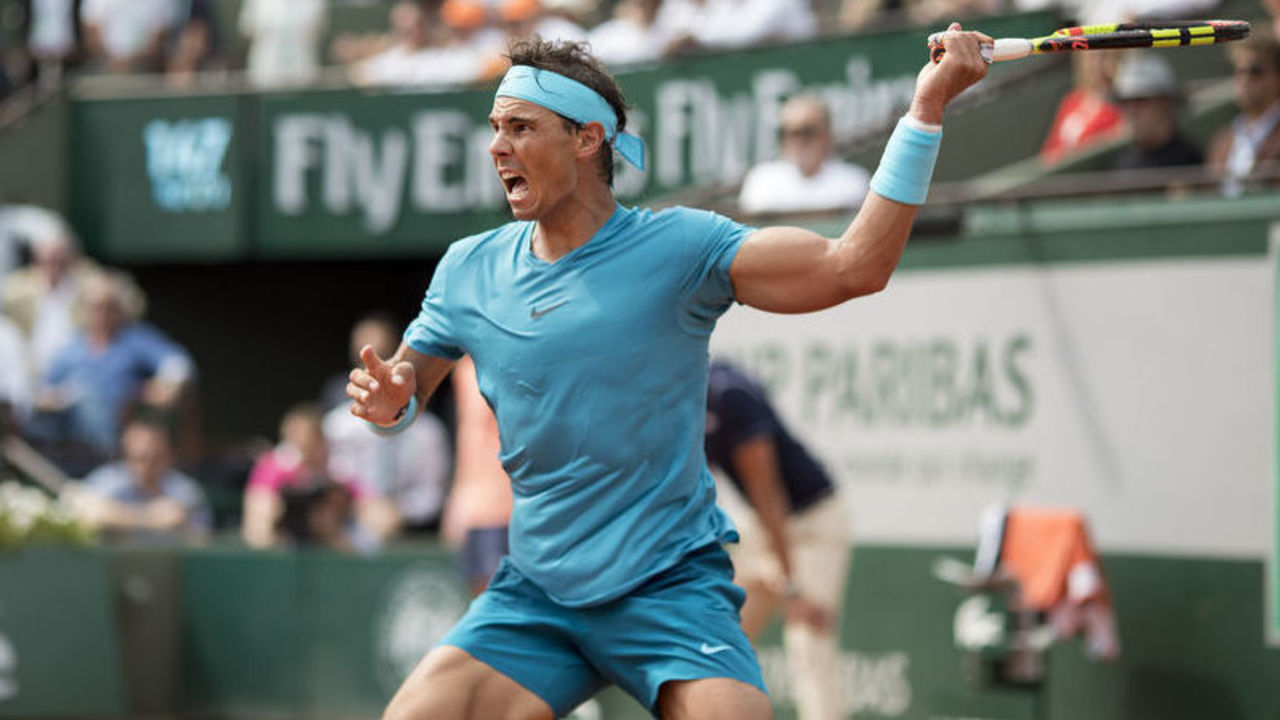 PARIS, FRANCE June 10. French Open Tennis Tournament - Day Fifteen. Rafael Nadal of Spain in action against Dominic Thiem of Austria on Court Philippe-Chatrier during the Men's Singles Final at the 2018 French Open Tennis Tournament at Roland Garros on June 10th 2018 in Paris, France.