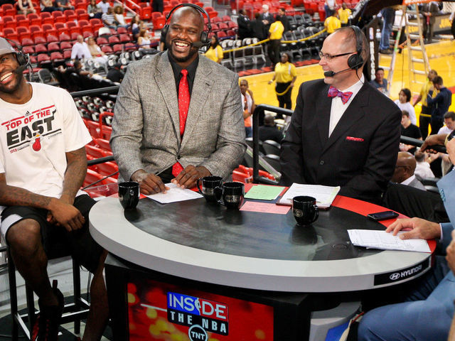 MIAMI, FL - JUNE 3: LeBron James #6 of the Miami Heat, from left, laughs while being interviewed by TNT analysts Shaquille O'Neal, Ernie Johnson Jr., Kenny Smith and Charles Barkley following the Heat's series victory against the Indiana Pacers in Game Seven of the Eastern Conference Finals during the 2013 NBA Playoffs on June 3, 2013 at American Airlines Arena in Miami, Florida. NOTE TO USER: User expressly acknowledges and agrees that, by downloading and/or using this photograph, user is consenting to the terms and conditions of the Getty Images License Agreement. Mandatory copyright notice: Copyright NBAE 2013