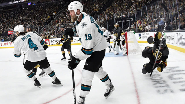 LAS VEGAS, NV - APRIL 14: Tomas Nosek #92 of the Vegas Golden Knights falls to the ice after a late hit to the head by Joe Thornton #19 of the San Jose Sharks during the second period in Game Three of the Western Conference First Round during the 2019 NHL Stanley Cup Playoffs at T-Mobile Arena on April 14, 2019 in Las Vegas, Nevada.