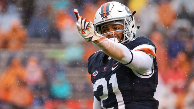 CHARLOTTESVILLE, VA - NOVEMBER 4: Juan Thornhill #21 of the Virginia Cavaliers celebrates in the second quarter during a game against the Georgia Tech Yellow Jackets at Scott Stadium on November 4, 2017 in Charlottesville, Virginia. Virginia defeated Georgia Tech 40-36.