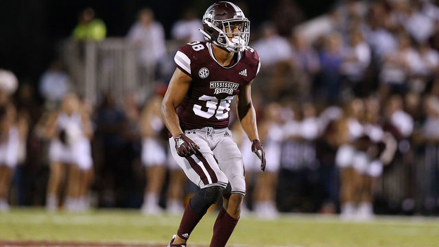 STARKVILLE, MS - SEPTEMBER 29: Johnathan Abram #38 of the Mississippi State Bulldogs defends during a game against the Florida Gators at Davis Wade Stadium on September 29, 2018 in Starkville, Mississippi.