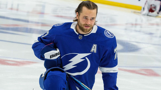 TAMPA, FL - APRIL 12: Victor Hedman #77 of the Tampa Bay Lightning stretches during pregame warm ups against the Columbus Blue Jackets before Game Two of the Eastern Conference First Round during the 2019 NHL Stanley Cup Playoffs at at Amalie Arena on April 12, 2019 in Tampa, Florida.