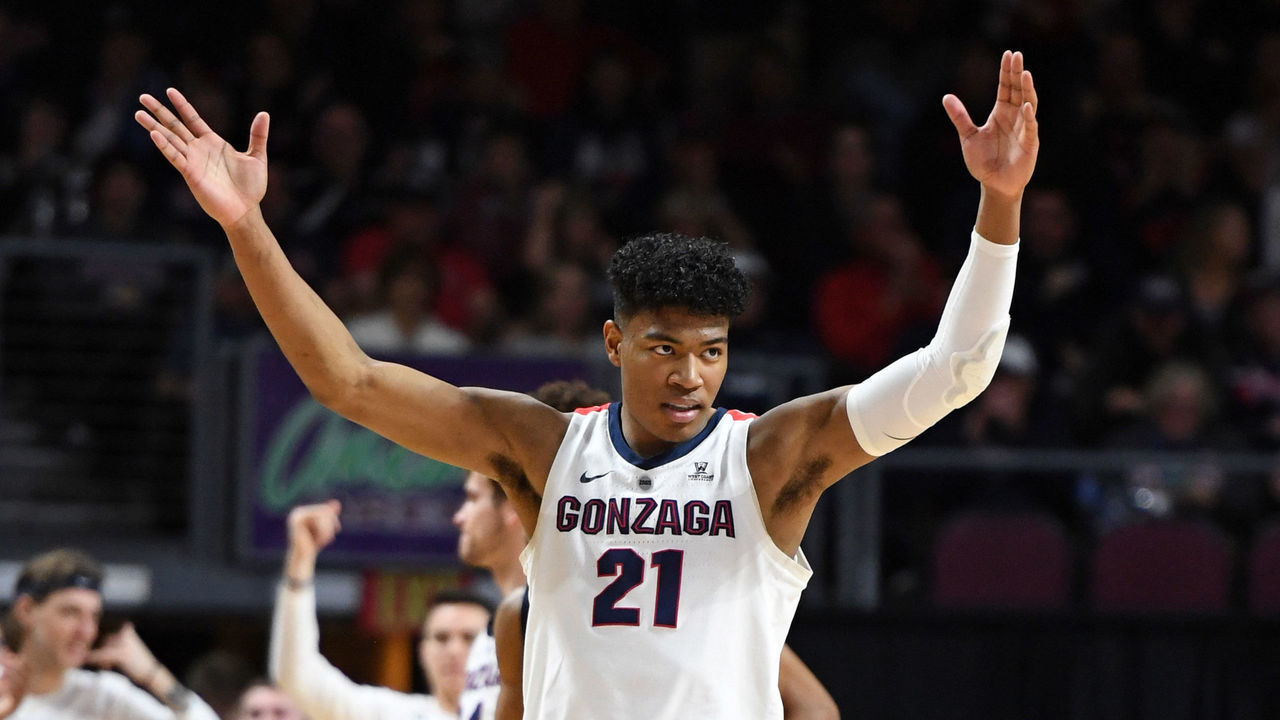 LAS VEGAS, NEVADA - MARCH 11: Rui Hachimura #21 of the Gonzaga Bulldogs celebrates after assisting teammate Josh Perkins (not pictured) #13 on a 3-pointer against the Pepperdine Waves during a semifinal game of the West Coast Conference basketball tournament at the Orleans Arena on March 11, 2019 in Las Vegas, Nevada.