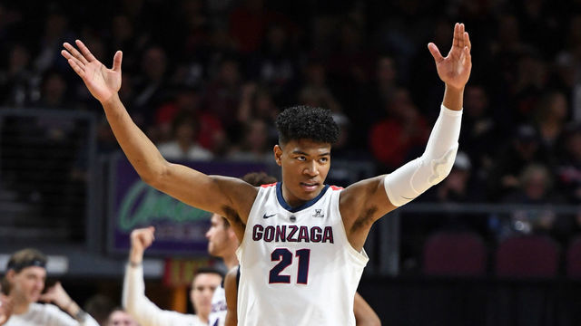 LAS VEGAS, NEVADA - MARCH 11: Rui Hachimura #21 of the Gonzaga Bulldogs celebrates after assisting teammate Josh Perkins (not pictured) #13 on a 3-pointer against the Pepperdine Waves during a semifinal game of the West Coast Conference basketball tournament at the Orleans Arena on March 11, 2019 in Las Vegas, Nevada.