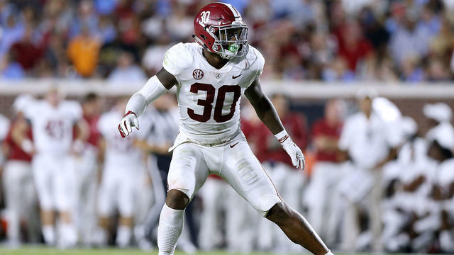 OXFORD, MS - SEPTEMBER 15: Mack Wilson #30 of the Alabama Crimson Tide defends during a game against the Mississippi Rebels at Vaught-Hemingway Stadium on September 15, 2018 in Oxford, Mississippi.