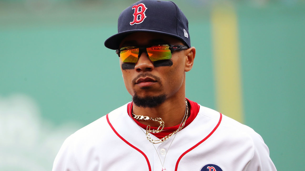 BOSTON, MA - APRIL 15: Mookie Betts #42 of the Boston Red Sox takes the field during the game between the Baltimore Orioles and the Boston Red Sox at Fenway Park on Monday, April 15, 2019 in Boston, Massachusetts.
