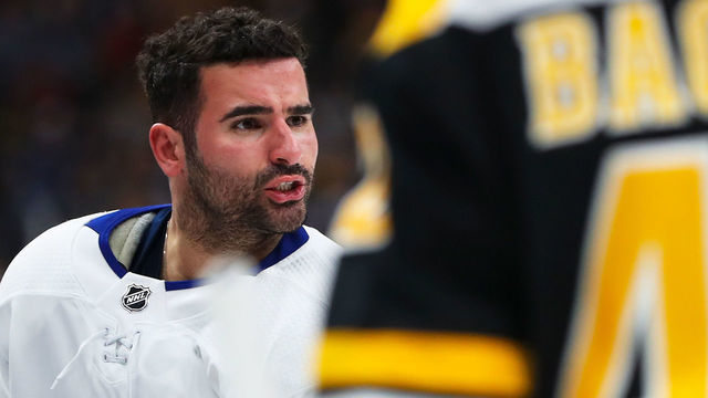 BOSTON, MA - APRIL 13: Nazem Kadri #43 of the Toronto Maple Leafs reacts after a fight with Jake DeBrusk #74 of the Boston Bruins in Game Two of the Eastern Conference First Round during the 2019 NHL Stanley Cup Playoffs at TD Garden on April 13, 2019 in Boston, Massachusetts.