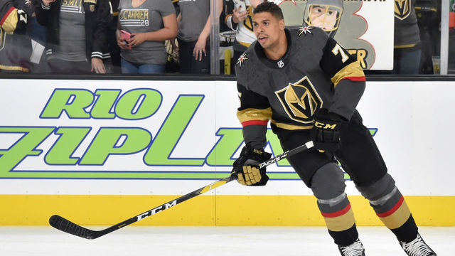 LAS VEGAS, NV - APRIL 14: Ryan Reaves #75 of the Vegas Golden Knights warms up prior to Game Three of the Western Conference First Round against the San Jose Sharks during the 2019 NHL Stanley Cup Playoffs at T-Mobile Arena on April 14, 2019 in Las Vegas, Nevada.