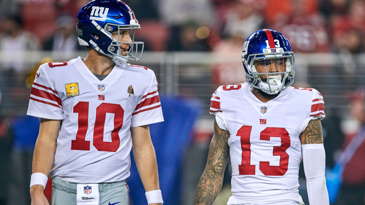 SANTA CLARA, CA - NOVEMBER 12: New York Giants quarterback Eli Manning (10) and New York Giants wide receiver Odell Beckham (13) look on during the NFL game between the New York Giants and the San Francisco 49ers on November 12, 2018 at Levi's Stadium in Santa Clara, CA.