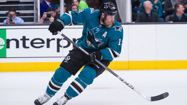 SAN JOSE, CA - APRIL 12: San Jose Sharks center Joe Thornton (19) controls the puck during the Stanley Cup Playoffs game between the San Jose Sharks and the Las Vegas Golden Knights on April 12, 2019, at SAP Center in San Jose, CA.