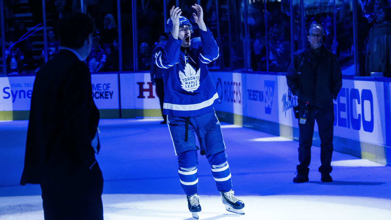 TORONTO, ON - APRIL 15: Andreas Johnsson #18 of the Toronto Maple Leafs salutes the crowd after receiving a star of the game after defeating the Boston Bruins in Game Three of the Eastern Conference First Round during the 2019 NHL Stanley Cup Playoffs at the Scotiabank Arena on April 15, 2019 in Toronto, Ontario, Canada.