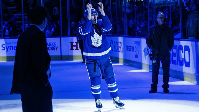TORONTO, ON - APRIL 15: Andreas Johnsson #18 of the Toronto Maple Leafs salutes the crowd after receiving a star of the game after defeating the Boston Bruins in Game Three of the Eastern Conference First Round during the 2019 NHL Stanley Cup Playoffs at the Scotiabank Arena on April 15, 2019 in Toronto, Ontario, Canada.