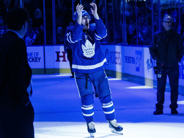 TORONTO, ON - APRIL 15: Andreas Johnsson #18 of the Toronto Maple Leafs salutes the crowd after receiving a star of the game after defeating the Boston Bruins in Game Three of the Eastern Conference First Round during the 2019 NHL Stanley Cup Playoffs at the Scotiabank Arena on April 15, 2019 in Toronto, Ontario, Canada.