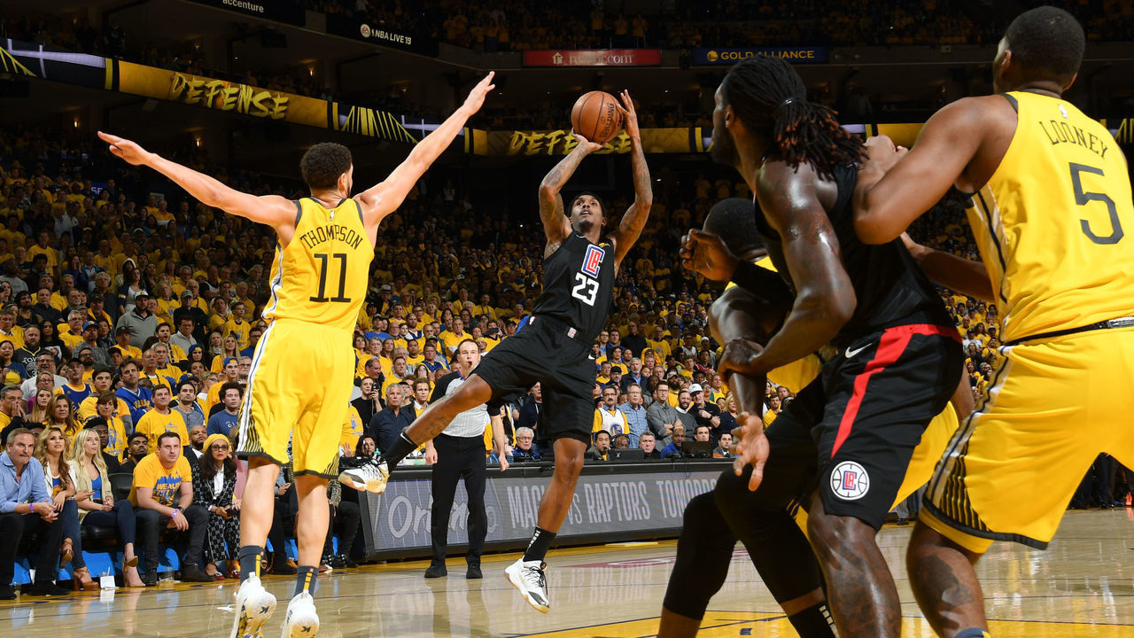 OAKLAND, CA - APRIL 15: Lou Williams #23 of the LA Clippers shoots the ball against the Golden State Warriors during Game Two of Round One of the 2019 NBA Playoffs on April 15, 2019 at ORACLE Arena in Oakland, California. NOTE TO USER: User expressly acknowledges and agrees that, by downloading and or using this photograph, user is consenting to the terms and conditions of Getty Images License Agreement. Mandatory Copyright Notice: Copyright 2019 NBAE